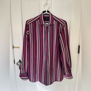 Men's Etro brushed cotton shirt in red, charcoal, pink, magenta stripe. Sz 39